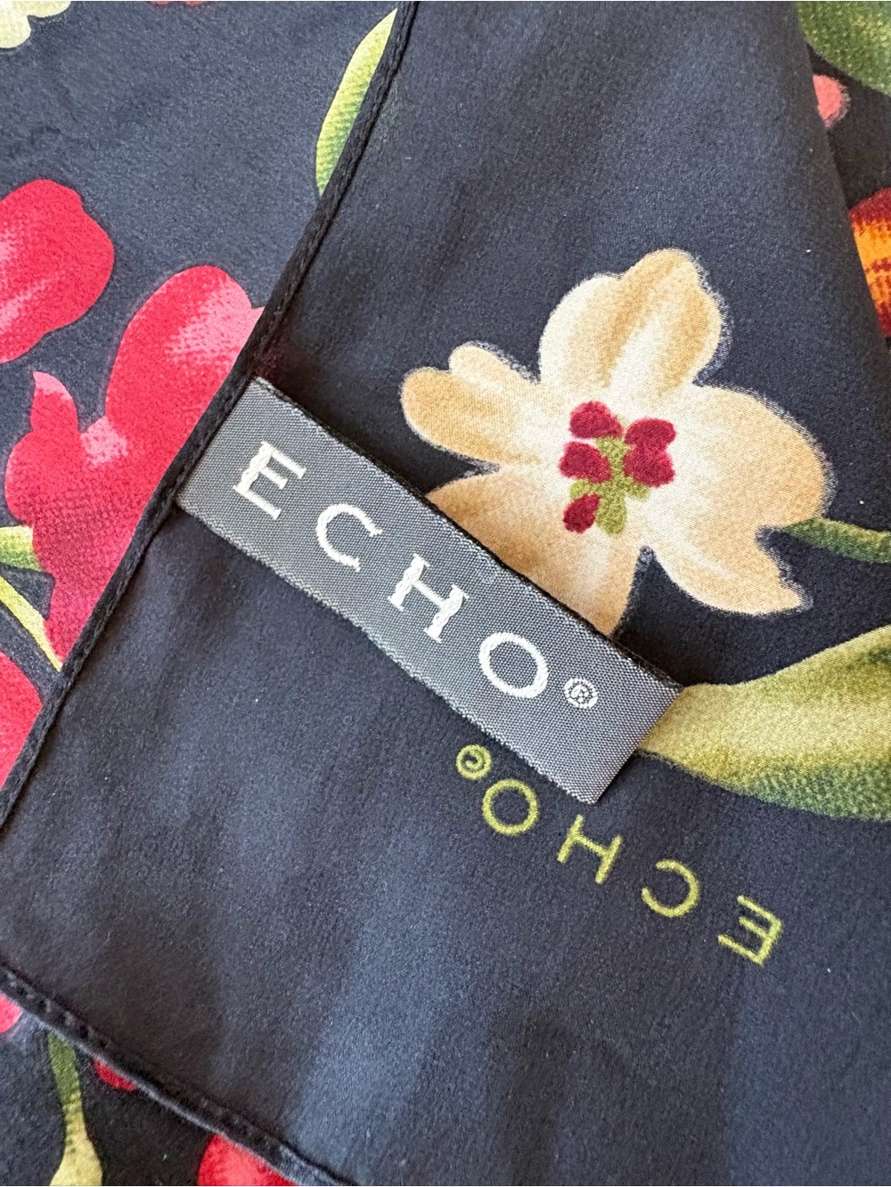 Echo Black Pink Vibrant Bold Floral Boho Garden Silk Scarf 12*52 Career Preppy - Picture 5 of 9